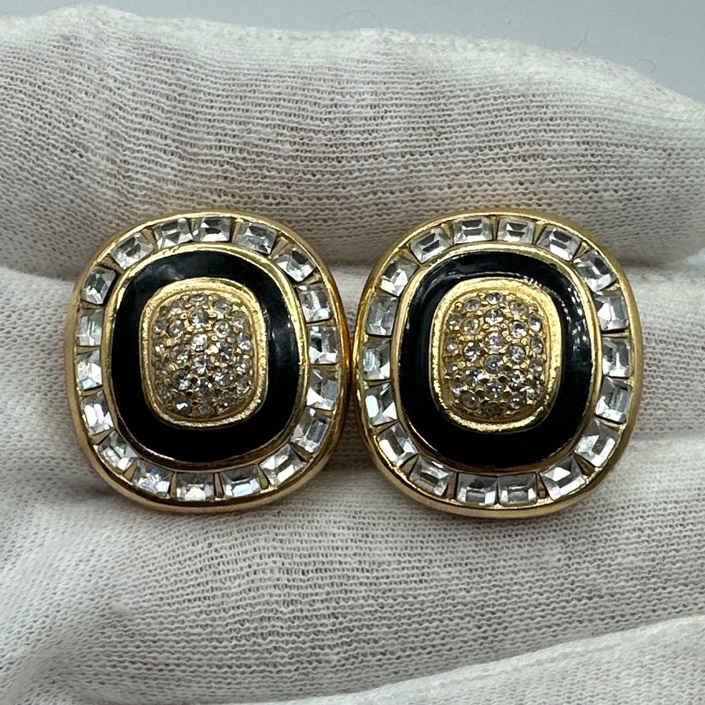 Vintage CHRISTIAN DIOR Black Enamel And Pave‎ Rhinestone Earrings Clip On #542